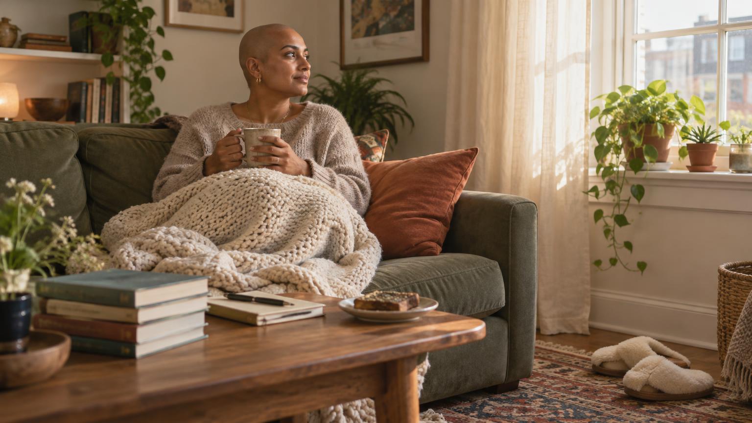 A bald South Asian woman curled on her sofa under a knit blanket, mug in both hands, looking toward the window; library books and a closed notebook on the coffee table