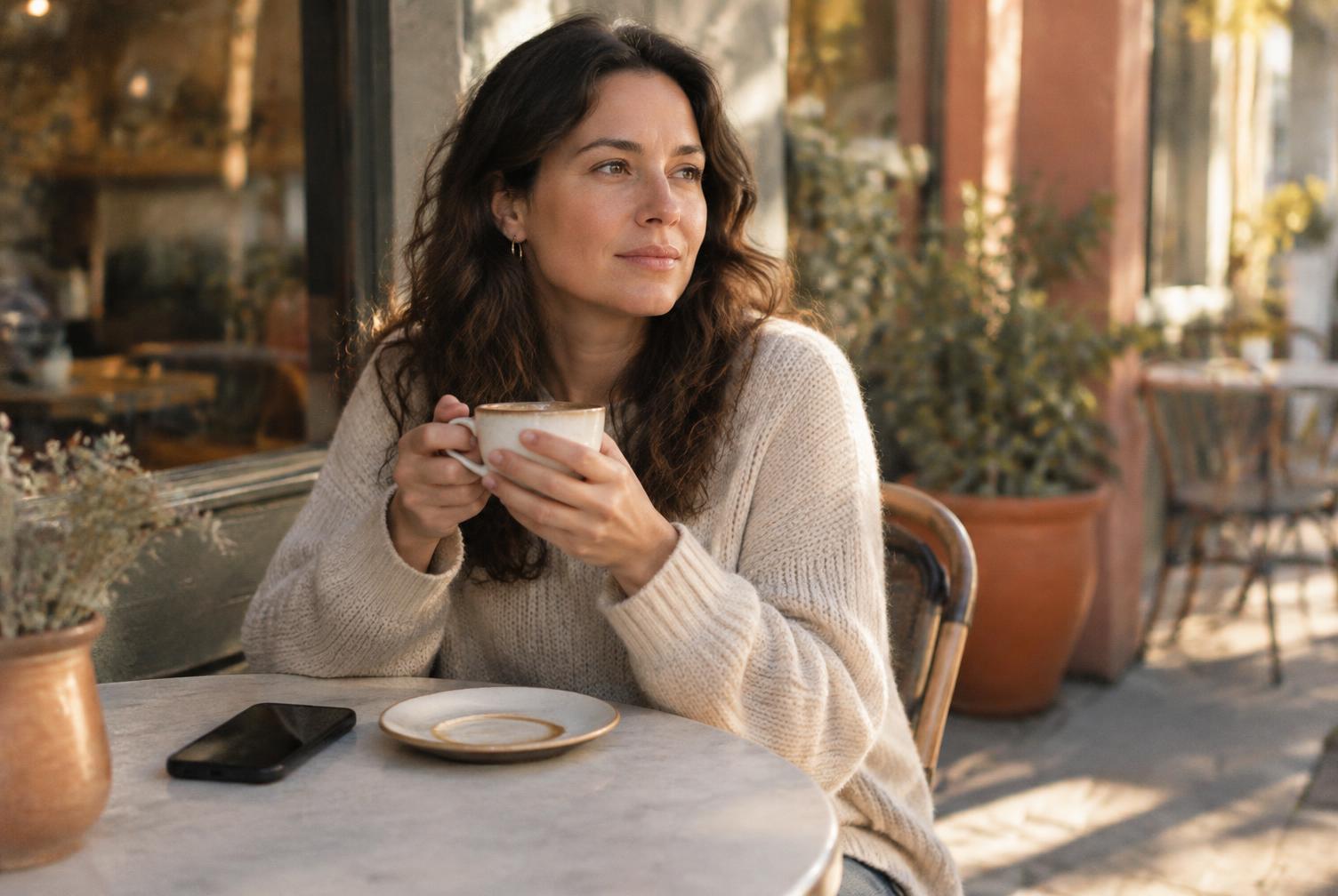 A woman at an outdoor cafe table, her phone face down beside her coffee cup, hands wrapped around the mug